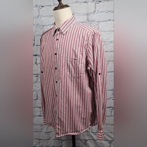 R.M. Williams Men's Button Down Striped Classic Fit Roll Tab Sleeves Logo Medium